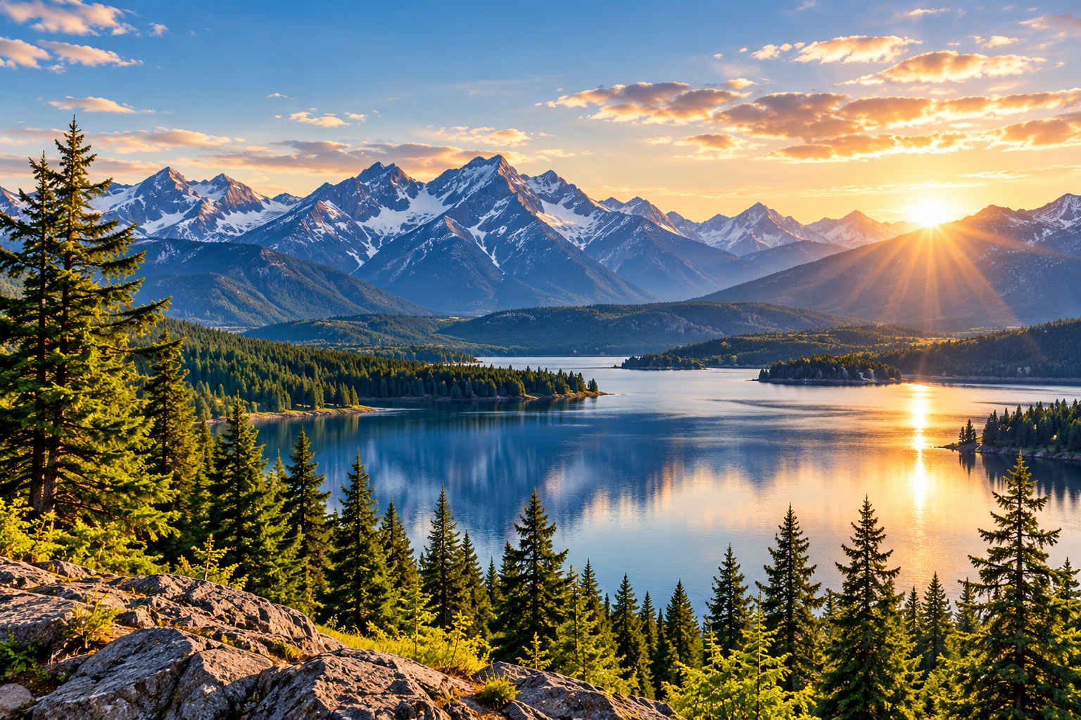 Peaceful mountain lake surrounded by forest and snow-capped mountains